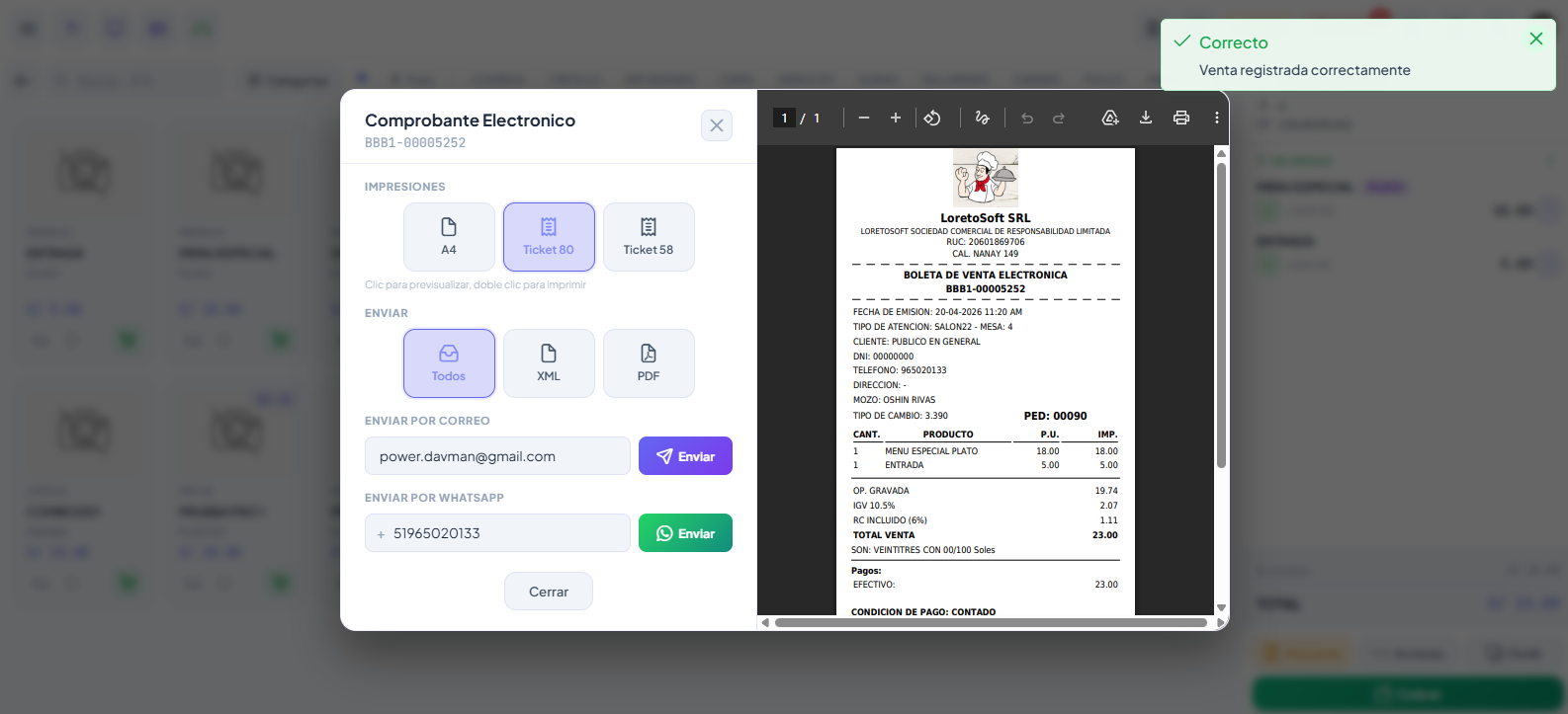 Emisión de comprobante electrónico SUNAT con envío por correo y WhatsApp