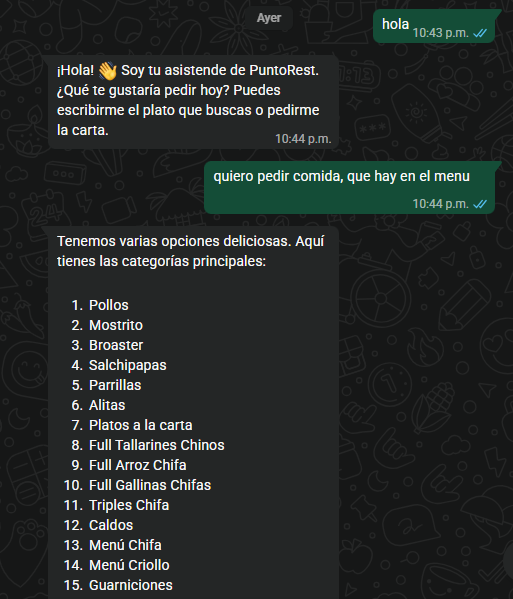 Conversación de WhatsApp donde el agente saluda y lista las categorías de la carta