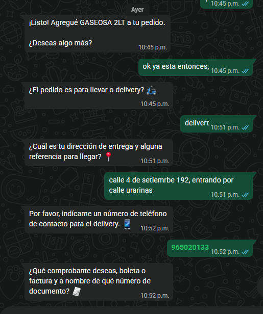 El agente pregunta por delivery, dirección, teléfono de contacto y comprobante